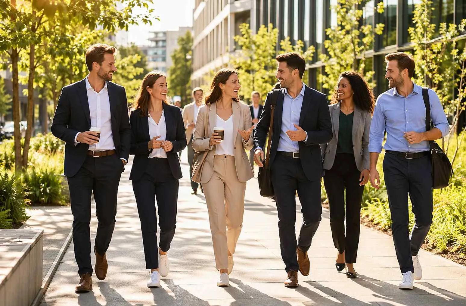 Groep professionals in zakelijke kleding wandelt lachend door een groen plein tussen moderne gebouwen.