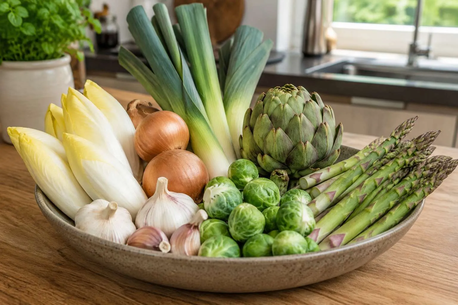 Schaal met verse groenten: prei, knoflook, ui, asperges, artisjok en spruitjes op keukentafel.