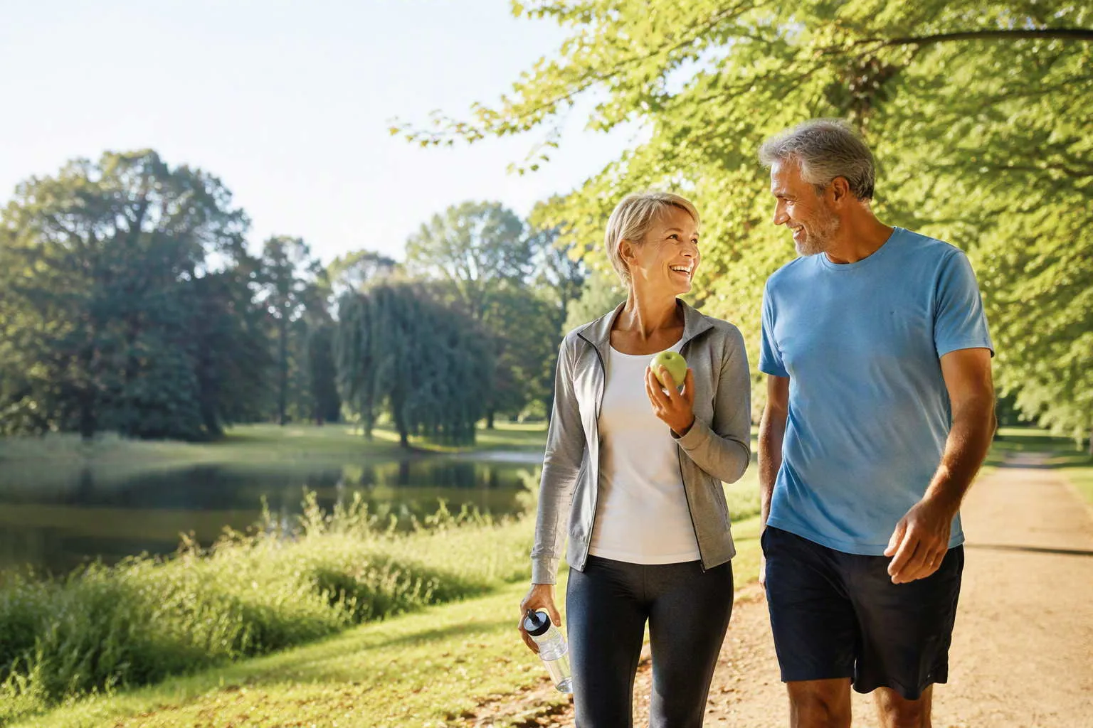 Twee volwassenen joggen samen op een pad langs water en bomen, de vrouw eet een appel.