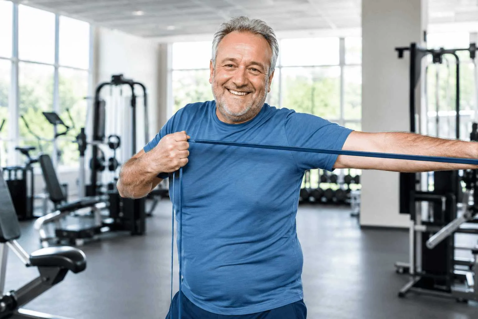 Man in blauw shirt oefent met elastische trainingsband in een moderne fitnessruimte met apparaten.