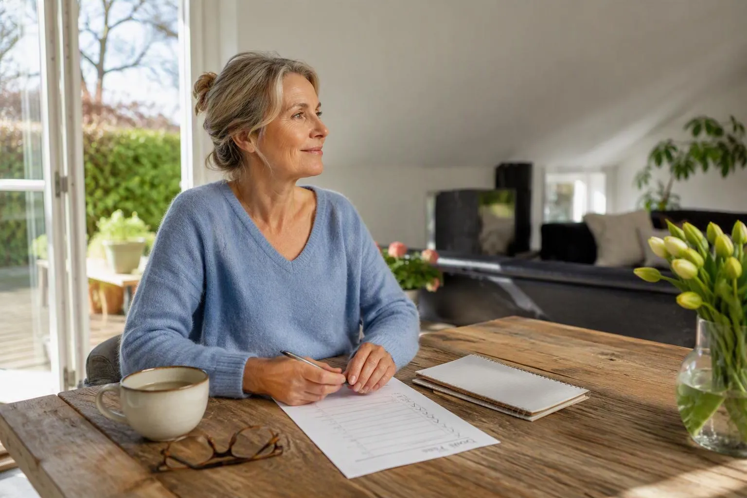 Vitale 60-plus vrouw maakt een dagplanning aan de keukentafel en creëert structuur, balans en mentale rust voor een gezonde leefstijl.