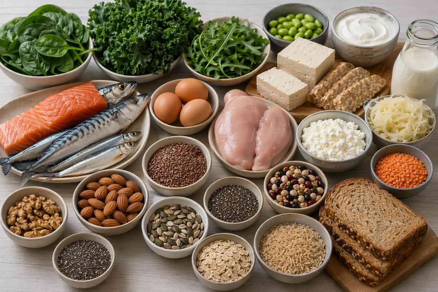 Verscheidenheid aan voedingsmiddelen: vis, eieren, vlees, groenten, noten, zaden, granen, brood, zuivelproducten en legumes.