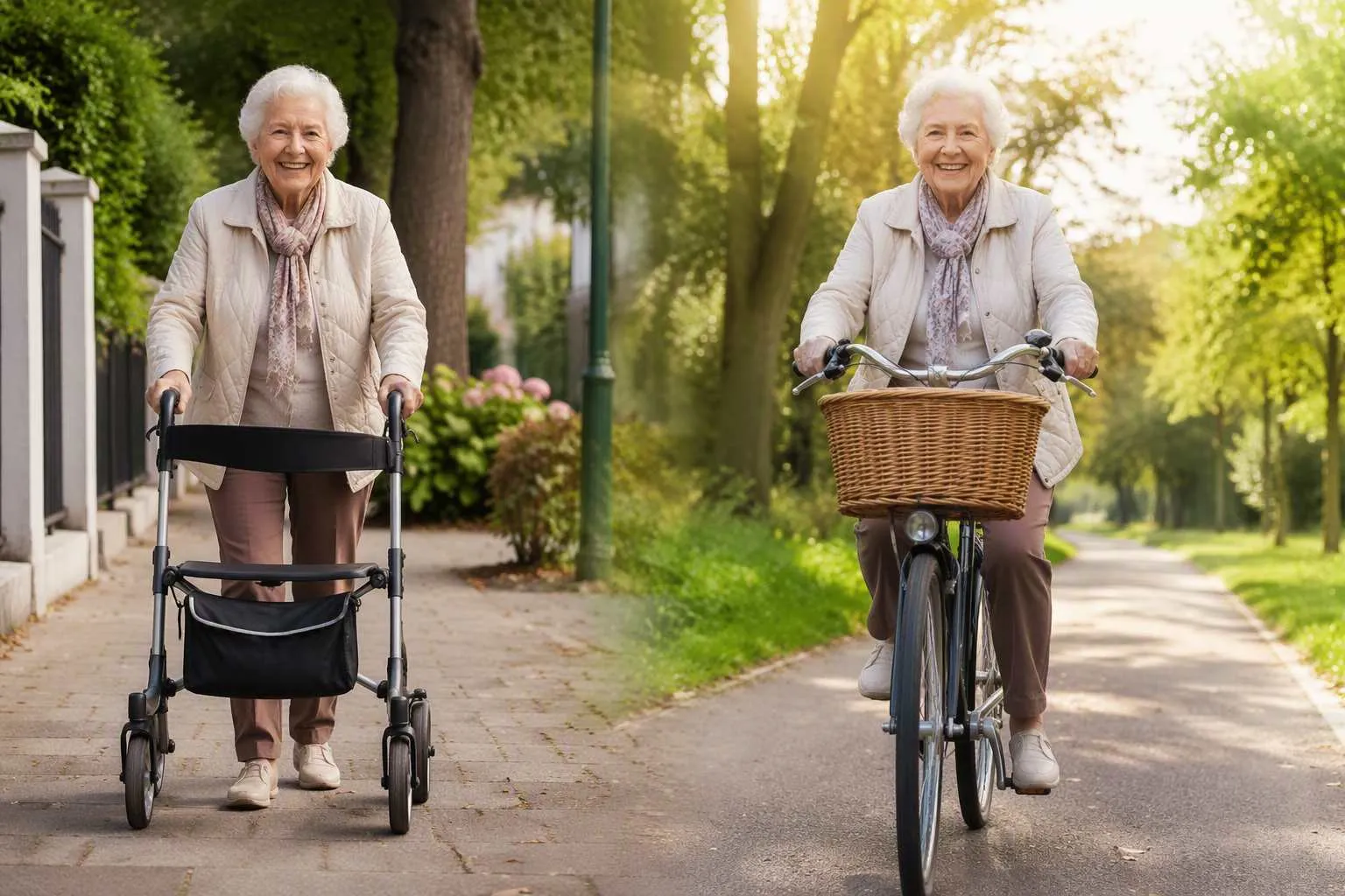 Twee oudere vrouwen wandelen samen in een groen park: één met een rollator, één op een fiets met mand.