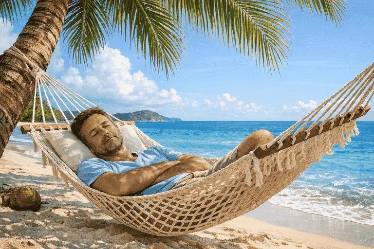 Man ligt ontspannen in een hangmat onder een palmboom aan een tropisch strand met zee en bergen op de achtergrond.
