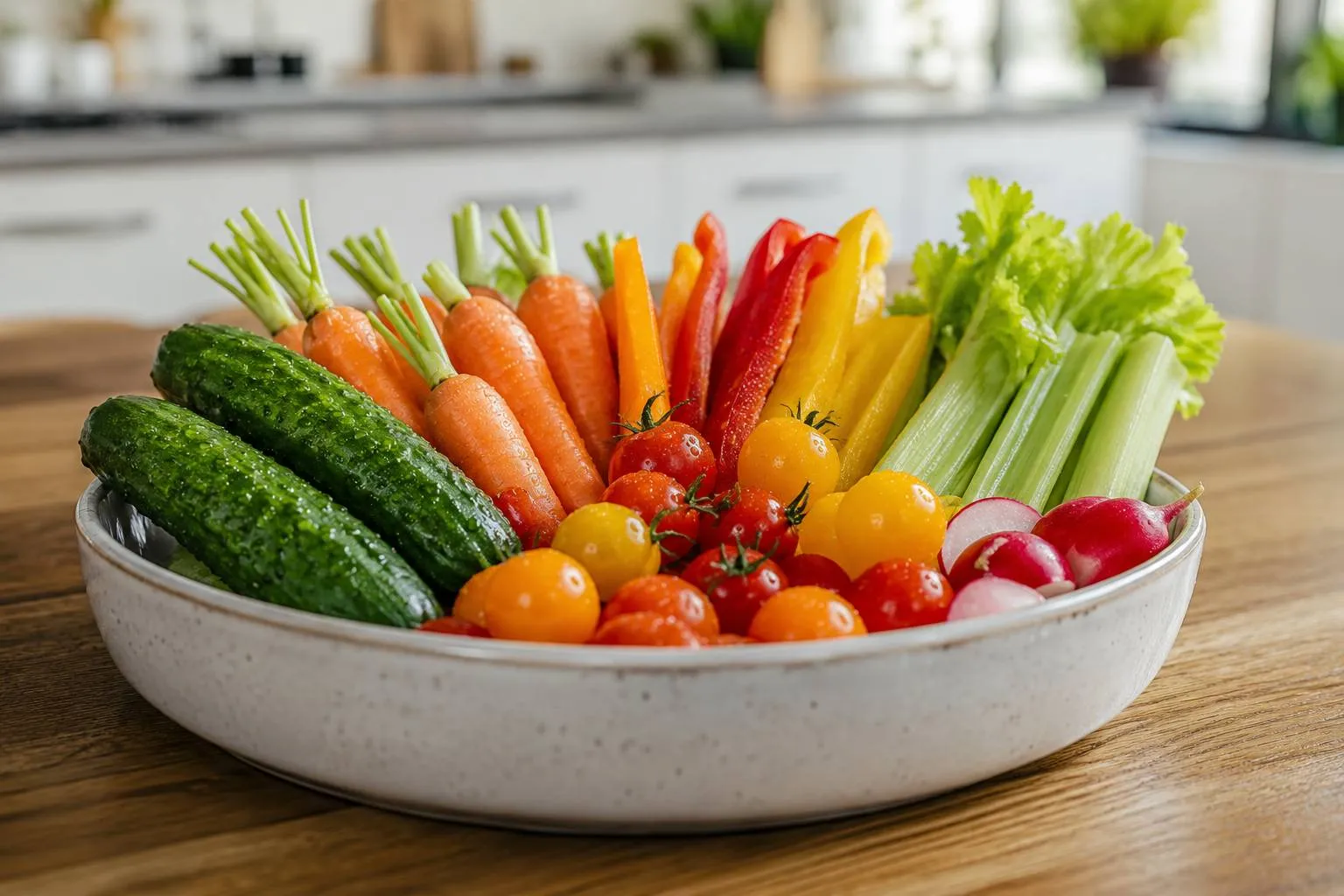 Witte schaal met vers gesneden groenten: komkommers, wortels, paprika's, tomaten, selderij en radijs op houten tafel in keuken.