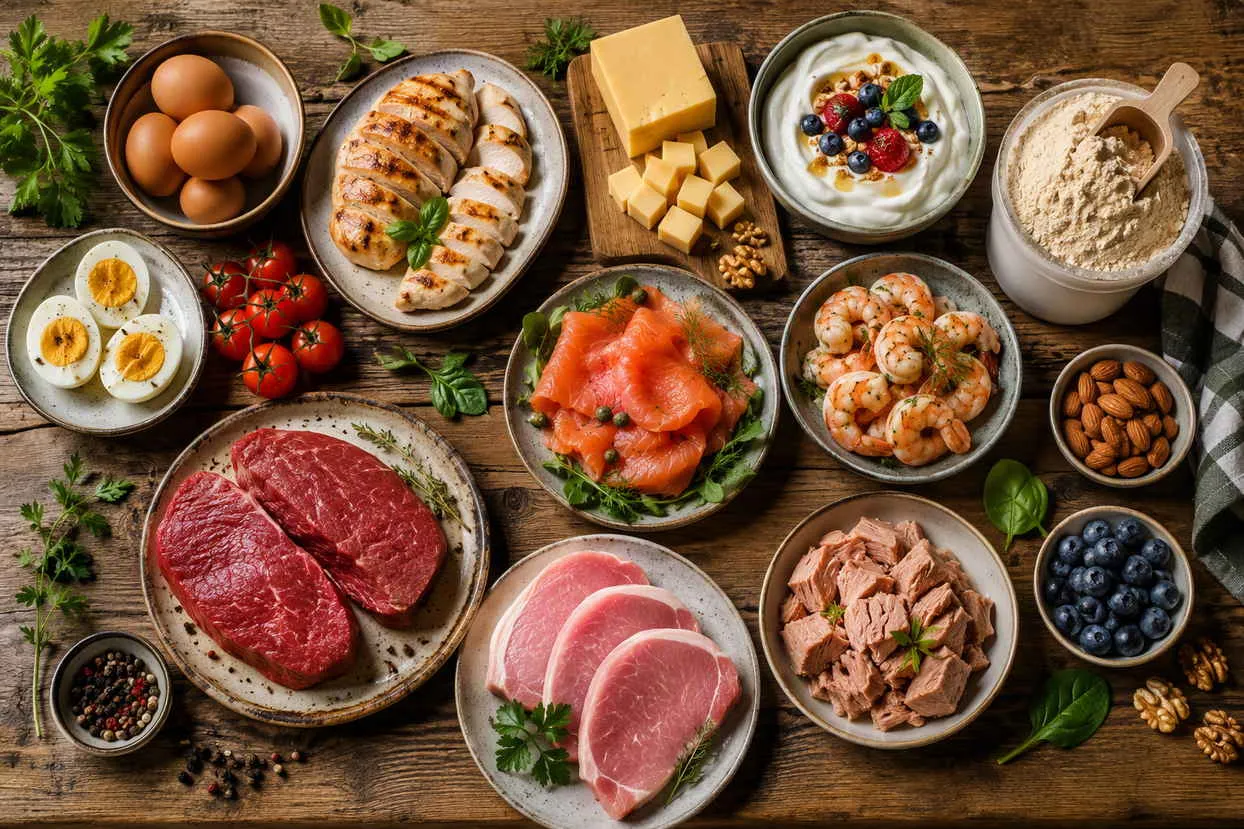 Verscheidenheid aan eiwitrijke voedingsmiddelen op houten tafel: vlees, vis, eieren, zuivel, noten en groenten.