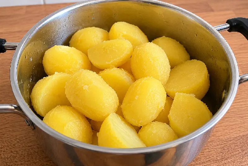 Gekookte aardappels in een metalen pan op een houten tafel.