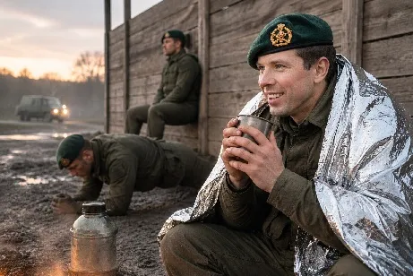 Man in militair uniform en baret drinkt uit een beker, terwijl andere personen in de achtergrond trainingsactiviteiten doen.