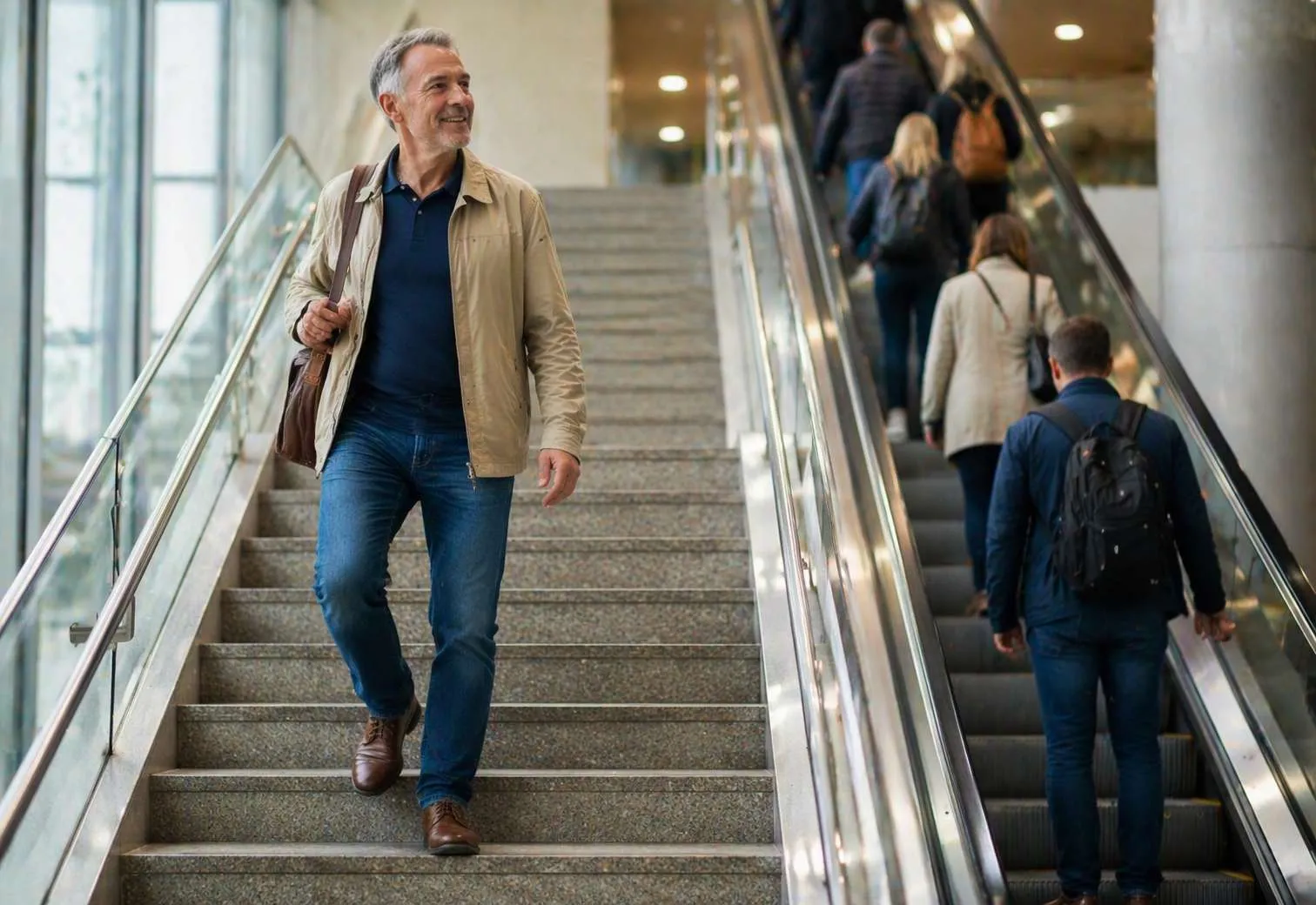 Man van middelbare leeftijd loopt glimlachend de trap af in een modern gebouw, met andere voetgangers op de achtergrond.