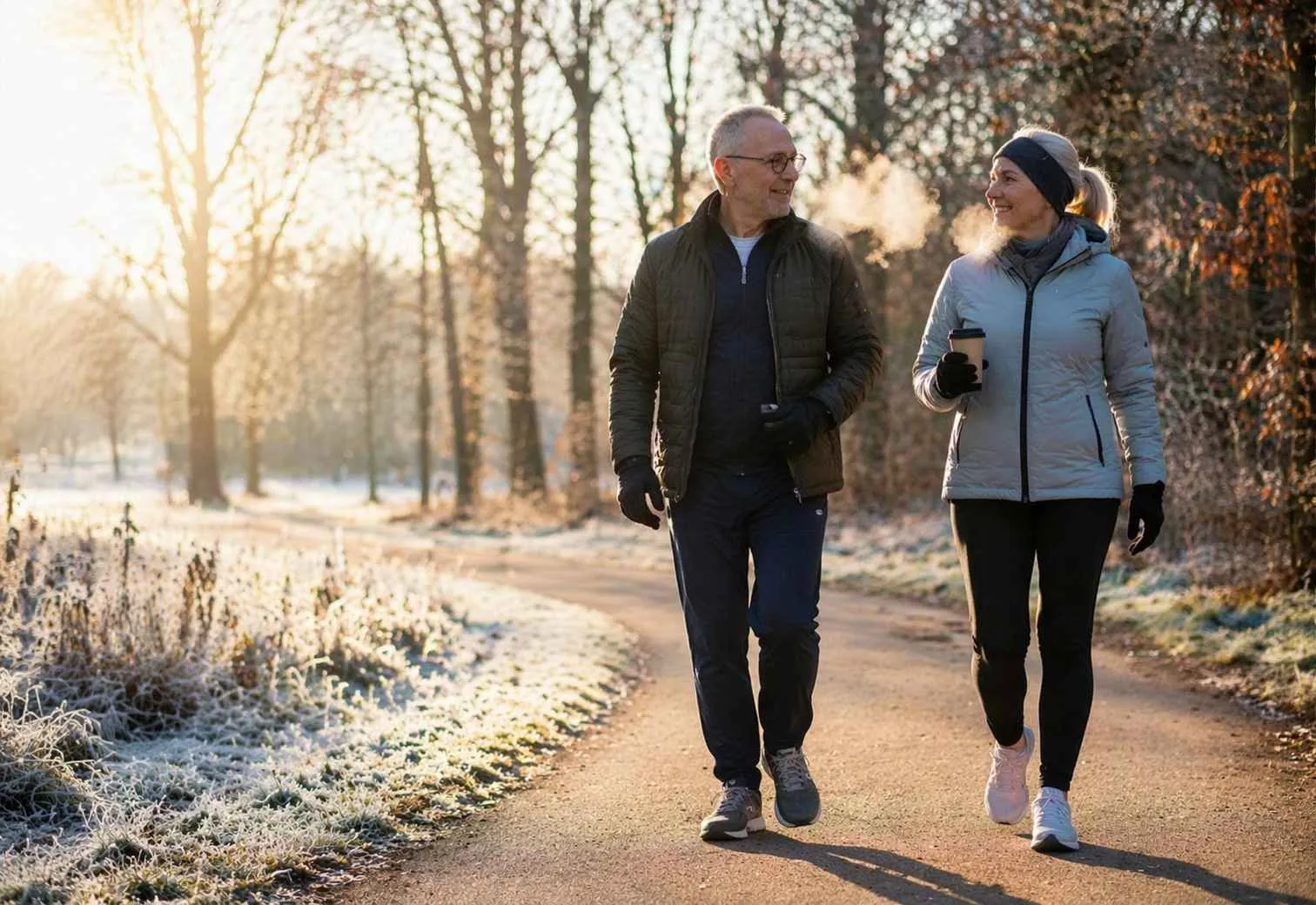 Twee mensen joggen samen op een pad tussen kale bomen met rijp op de grond op een koude ochtend.