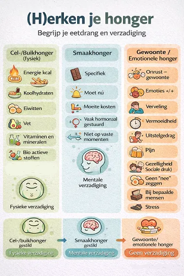 Infographic met drie kolommen over soorten honger: lichamelijke honger (energie, koolhydraten, vet, vitaminen), mentale honger (specifieken, plezier, rust) en emotionele honger (onrust, verveling, pijn, stress).