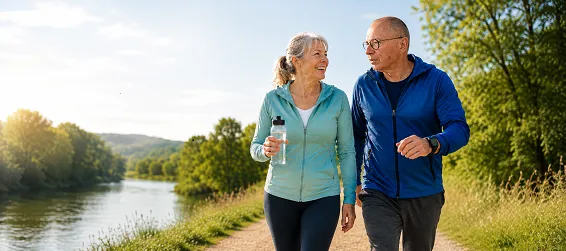 Twee volwassenen joggen samen langs een rivier met groen landschap.