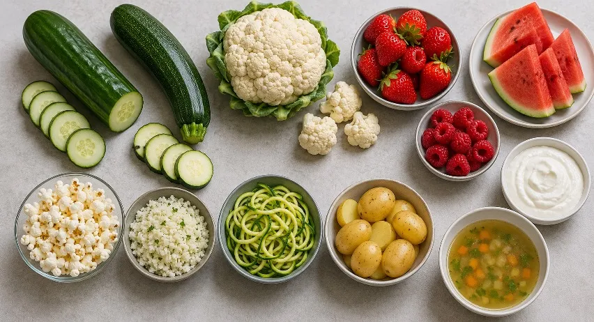 Groenten en fruit zoals komkommer, bloemkool, aardappelen, watermeloen en bessen, plus rauwe ingrediënten in kommen.