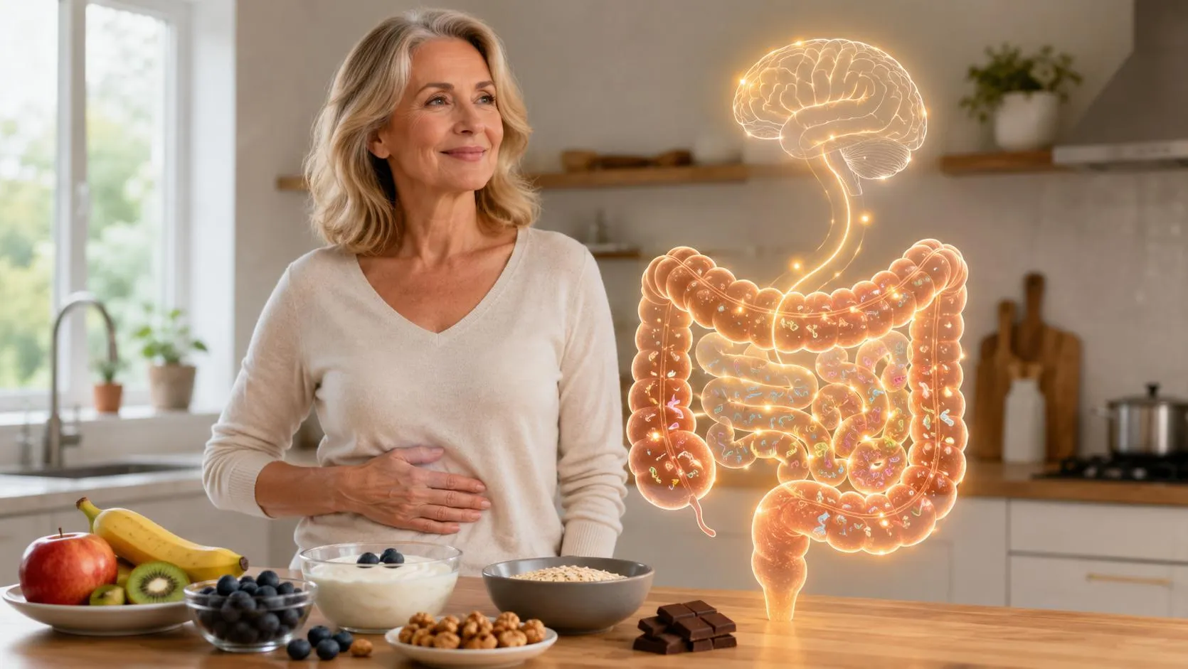 Vrouw in keuken met hand op buik, omgeven door gezond voedsel en gloeiende illustratie van hersenen en darmen.