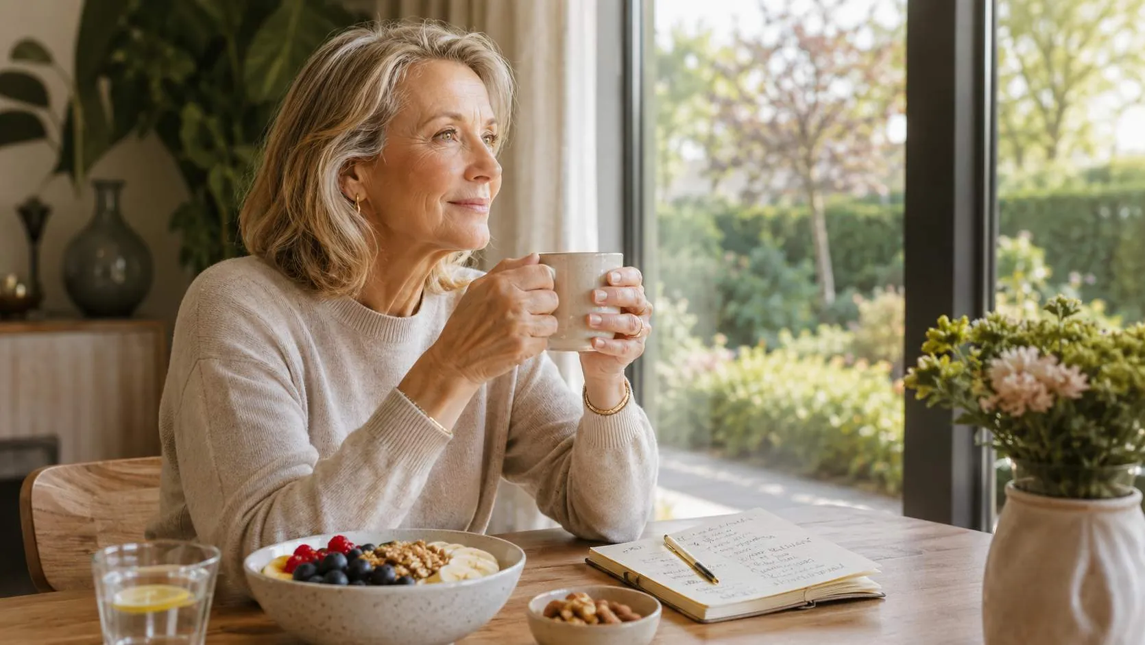 Vrouw zit aan tafel met kop thee, kijkt uit het raam. Voor haar een schaal met fruit en granen, notitieboek en glas water.