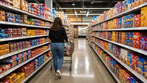 Vrouw loopt met winkelwagen door een supermarktgang vol verpakte voedingsproducten.
